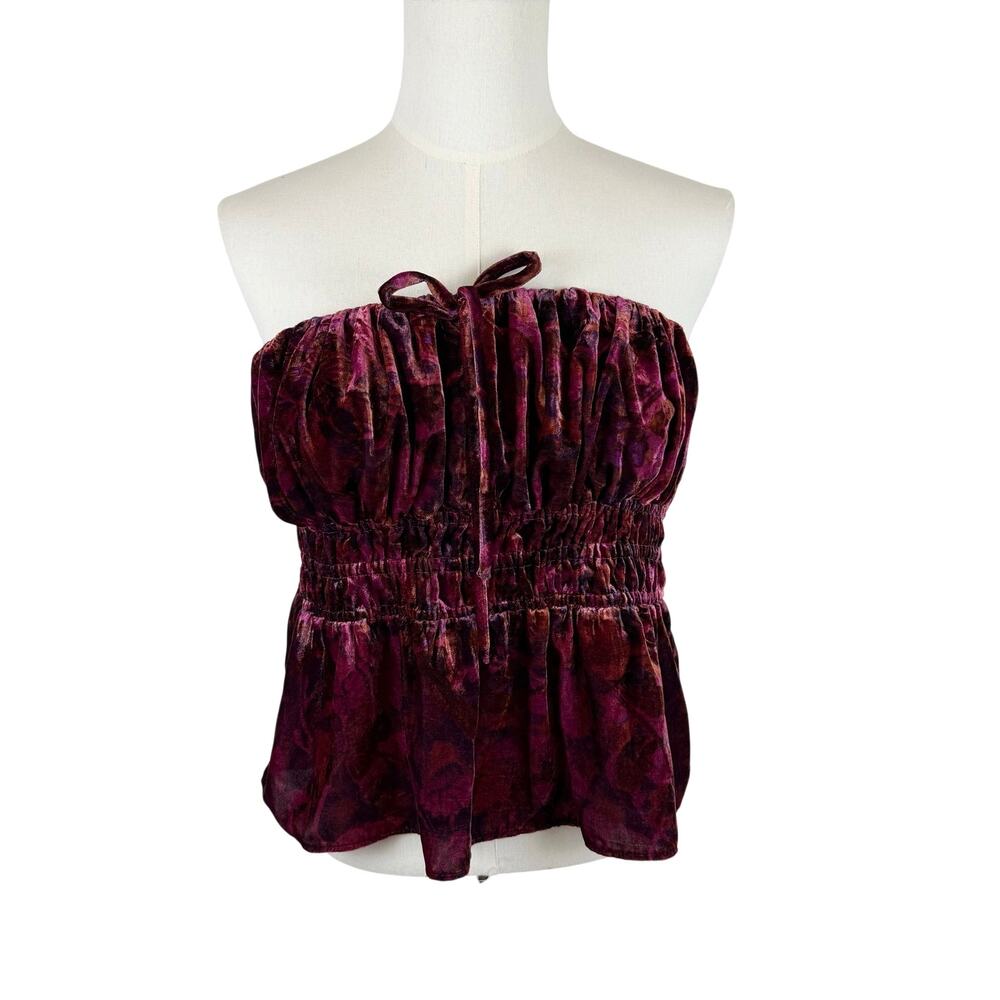 Anthropologie The Somerset Strapless Blouse Top in Velvet Floral Purple XL NWT